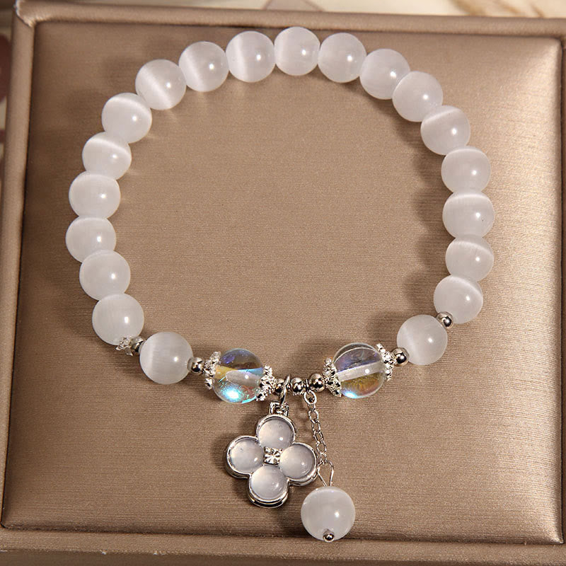 Lucky Cat's Eye Crystal Bracelet with Four Leaf Clover Charm