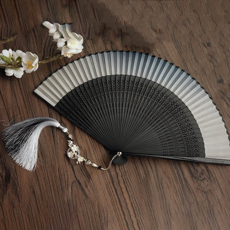 Silk Folding Fan Ink Gradient 22cm with Plum Tassel