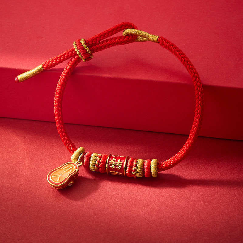 Gold Plated Copper Red String Shi Lai Yun Zhuan Bracelet 14-18cm