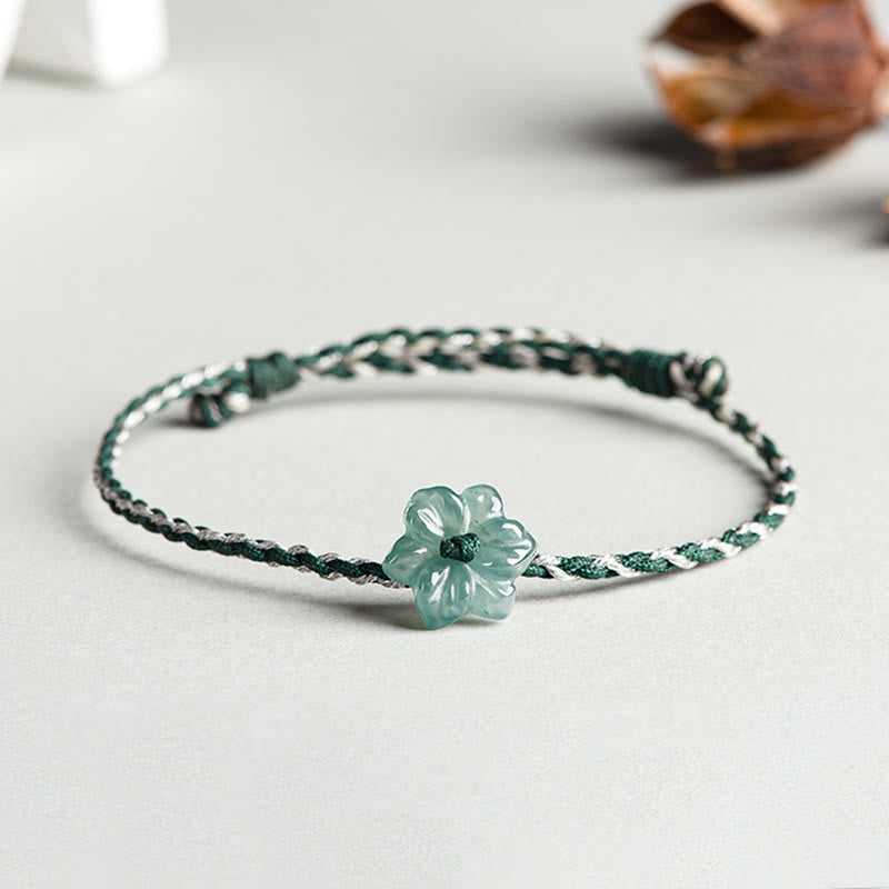 Green Jade Orchid Prosperity Bracelet with Braided String