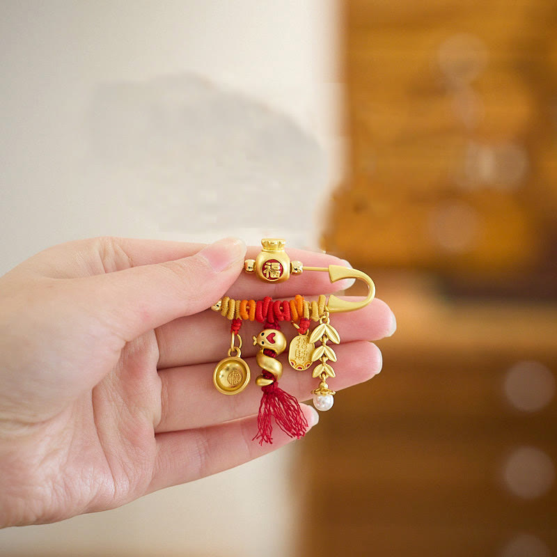 Copper Year of the Snake Fu Bowl Lucky Fortune Brooch