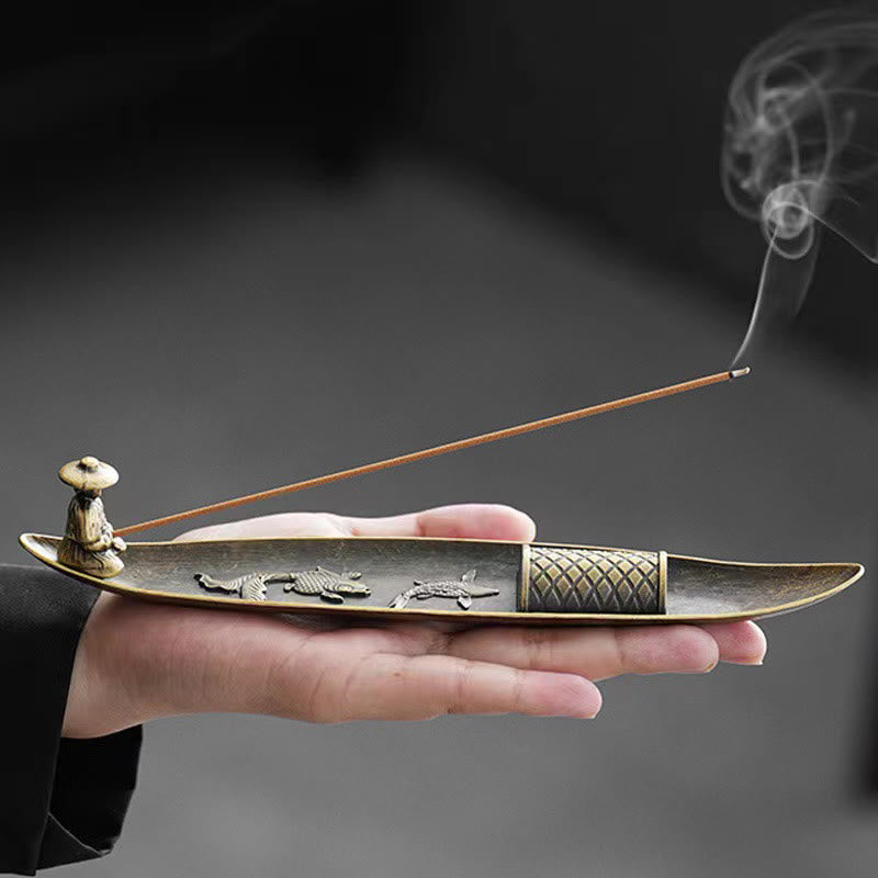 Zinc Alloy Fisherman Koi Fish Incense Burner 21.7cm
