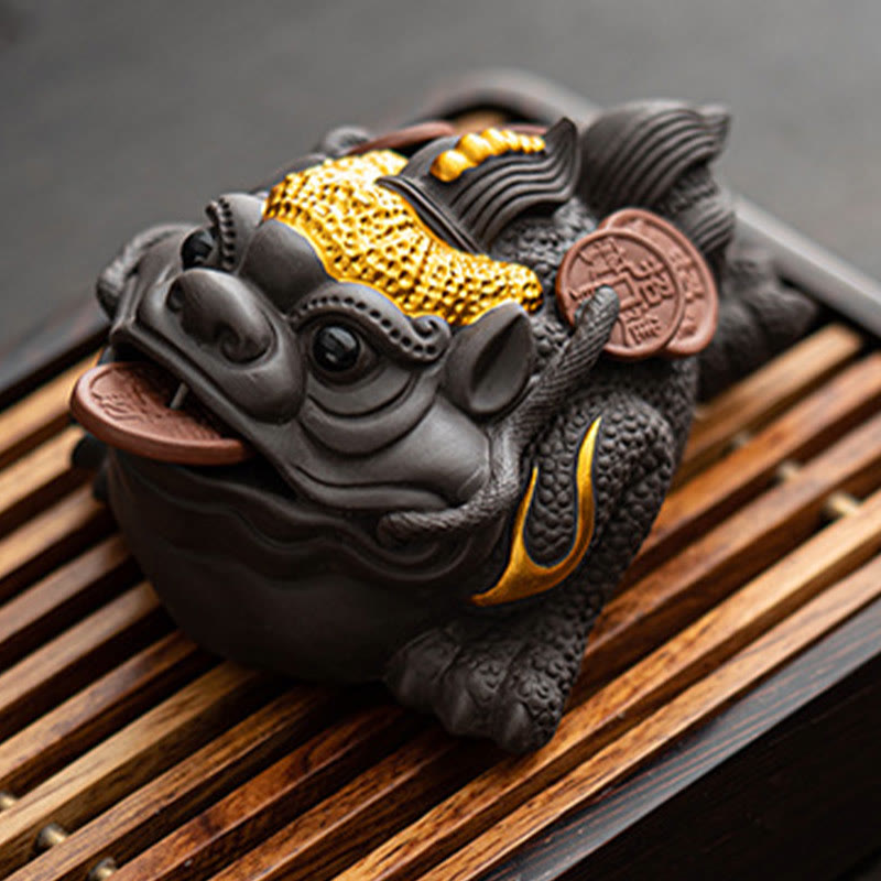 11cm Purple Clay Feng Shui Frog Figurine with Copper Coins
