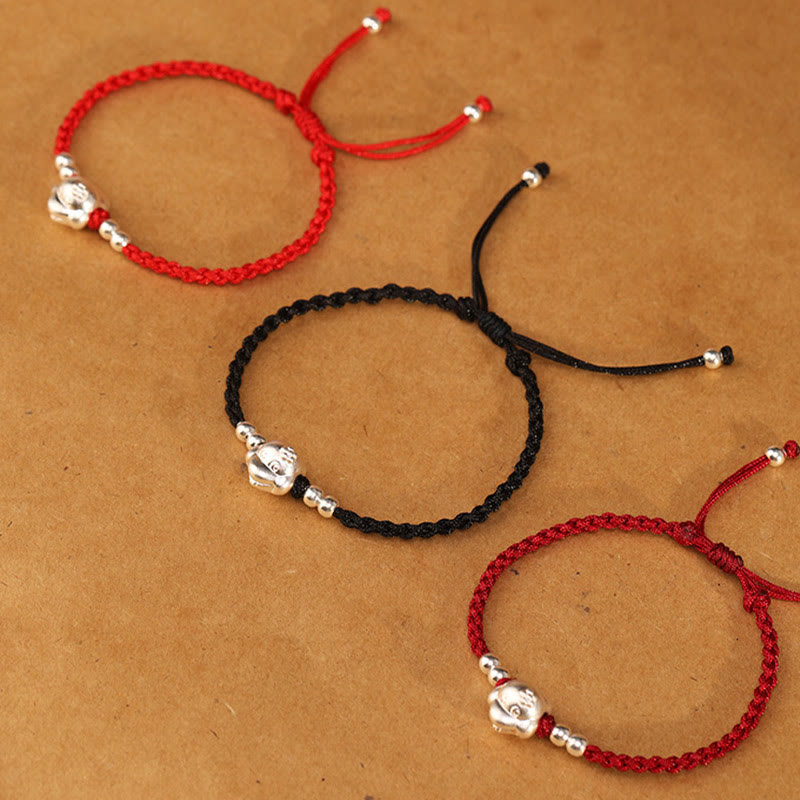 999 Sterling Silver Snake Head Red String Bracelet for Luck & Protection