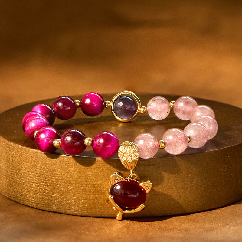 8mm Strawberry Quartz Pixiu Bracelet - Love, Wealth & Protection