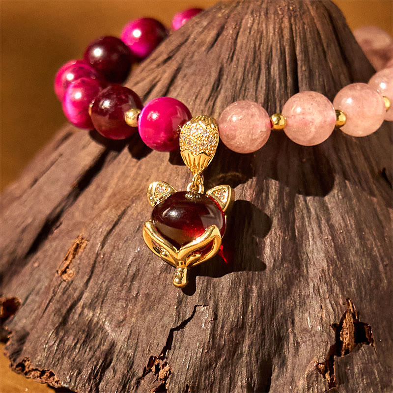 8mm Strawberry Quartz Pixiu Bracelet - Love, Wealth & Protection