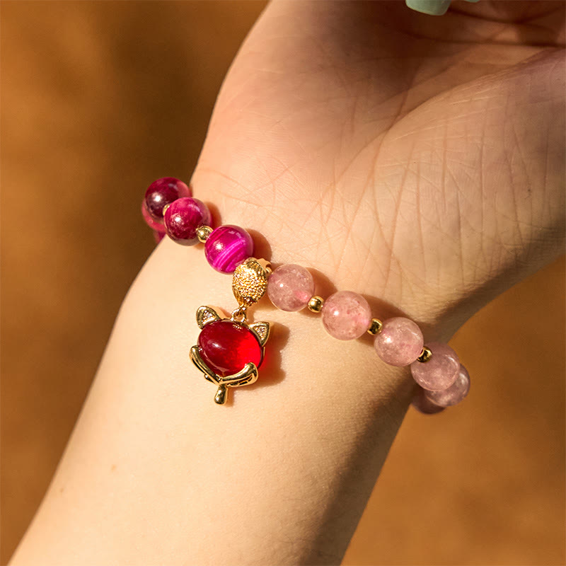 8mm Strawberry Quartz Pixiu Bracelet - Love, Wealth & Protection