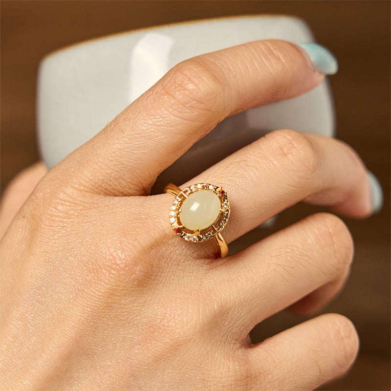 8x10mm Hetian Jade Luck Ring with Zirconia in Copper