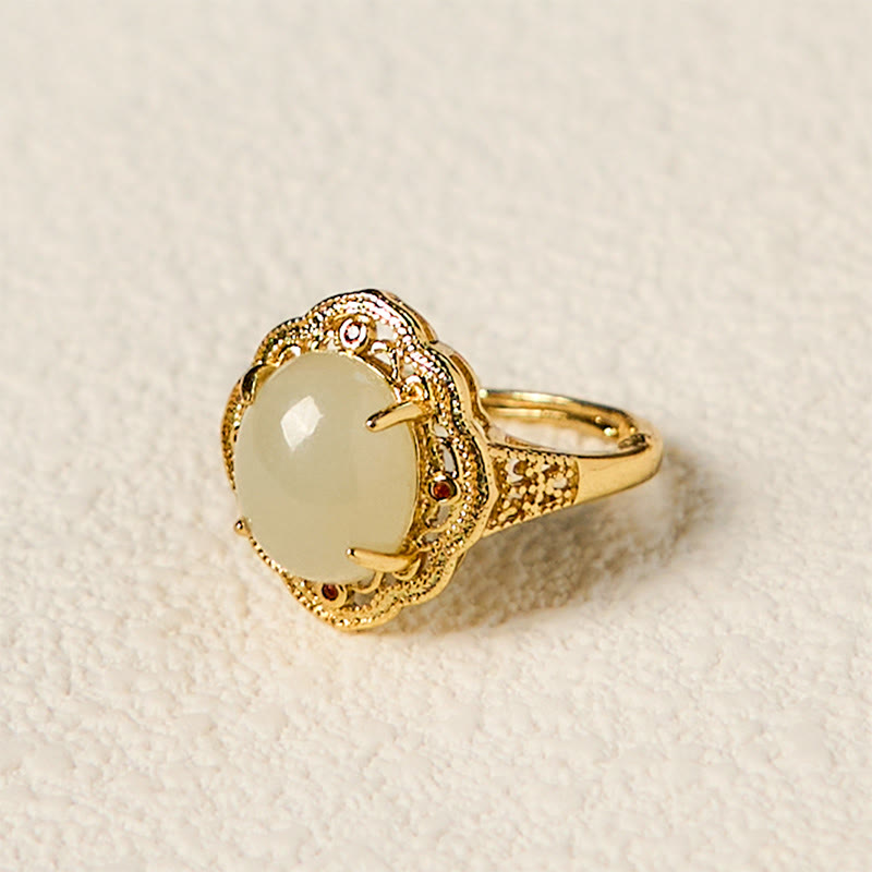 Bague porte-bonheur ouverte en cuivre et jade Hetian vintage 10 x 12 mm