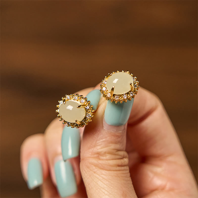 Natural Hetian Jade Prosperity Earrings with Copper Base
