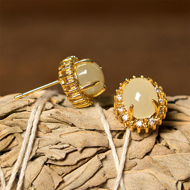 Natural Hetian Jade Prosperity Earrings with Copper Base