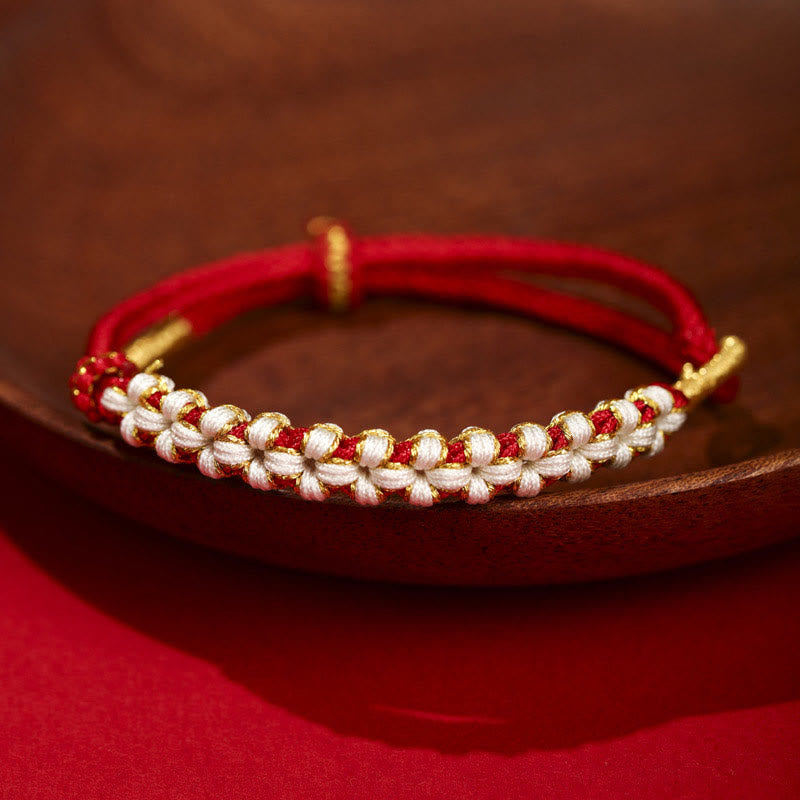 Adjustable Red String Tibetan Gold Thread Bracelet with Peach Blossom Knot