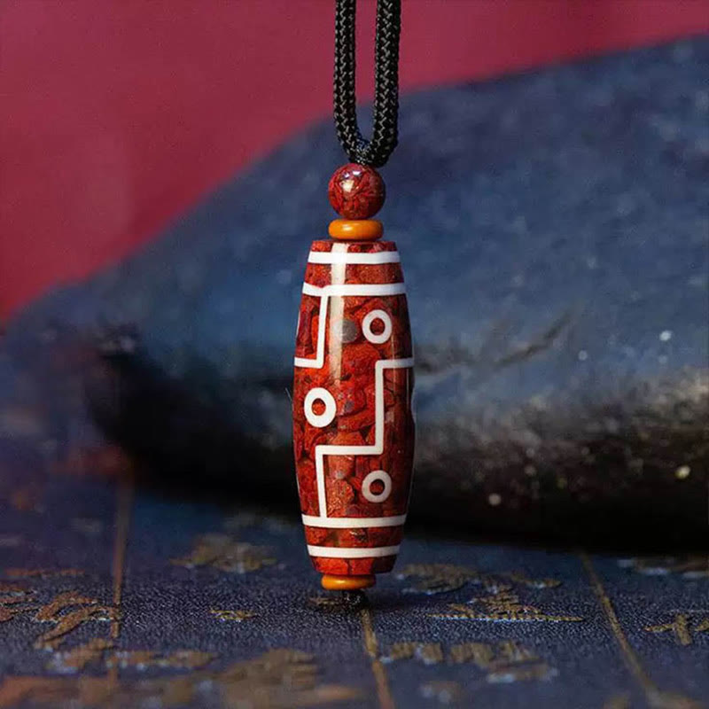 Cinnabar Nine-Eye Dzi Bead Necklace Pendant for Spiritual Protection