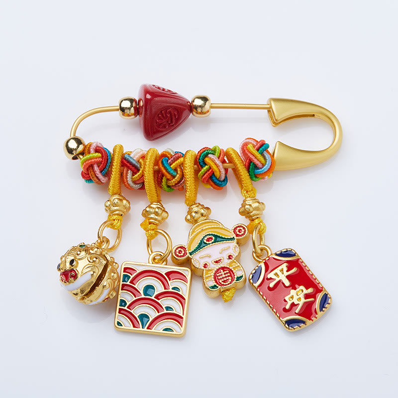 Cinnabar Copper Fu Character Caishen Brooch for Wealth & Protection