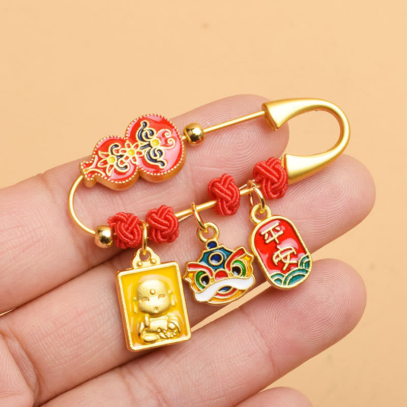 Gourd Dancing Lion Fu Character Safe & Well Blessing Brooch