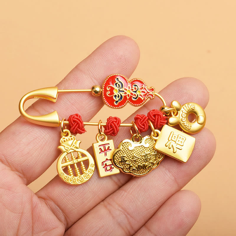 Gourd Dancing Lion Fu Character Safe & Well Blessing Brooch