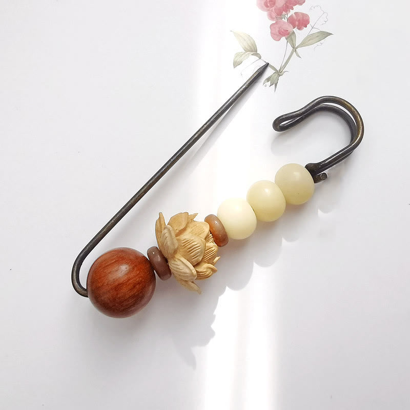 Boxwood Lotus Bodhi Seed Bead Brooch for Spiritual Peace