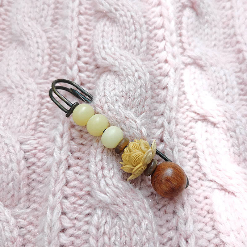 Boxwood Lotus Bodhi Seed Bead Brooch for Spiritual Peace