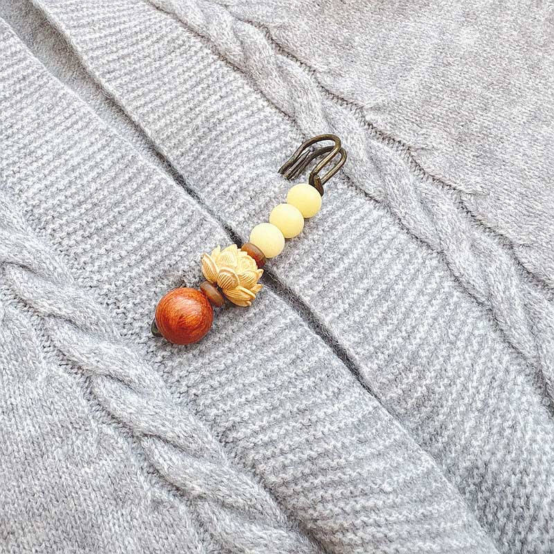 Boxwood Lotus Bodhi Seed Bead Brooch for Spiritual Peace