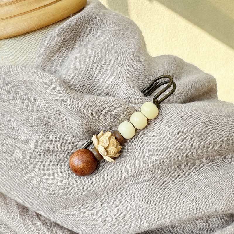Boxwood Lotus Bodhi Seed Bead Brooch for Spiritual Peace
