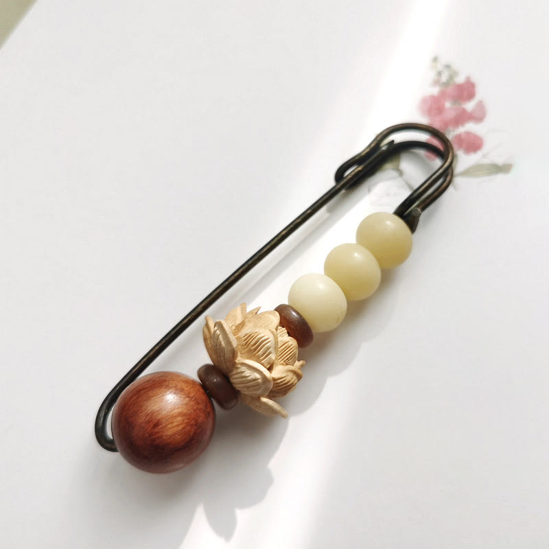 Boxwood Lotus Bodhi Seed Bead Brooch for Spiritual Peace
