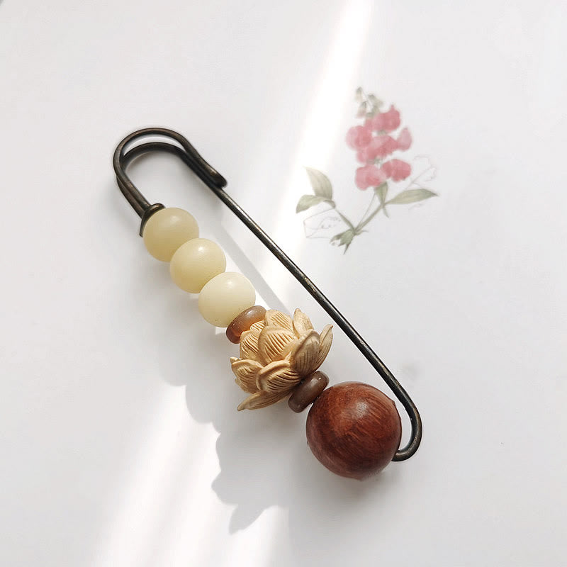 Boxwood Lotus Bodhi Seed Bead Brooch for Spiritual Peace