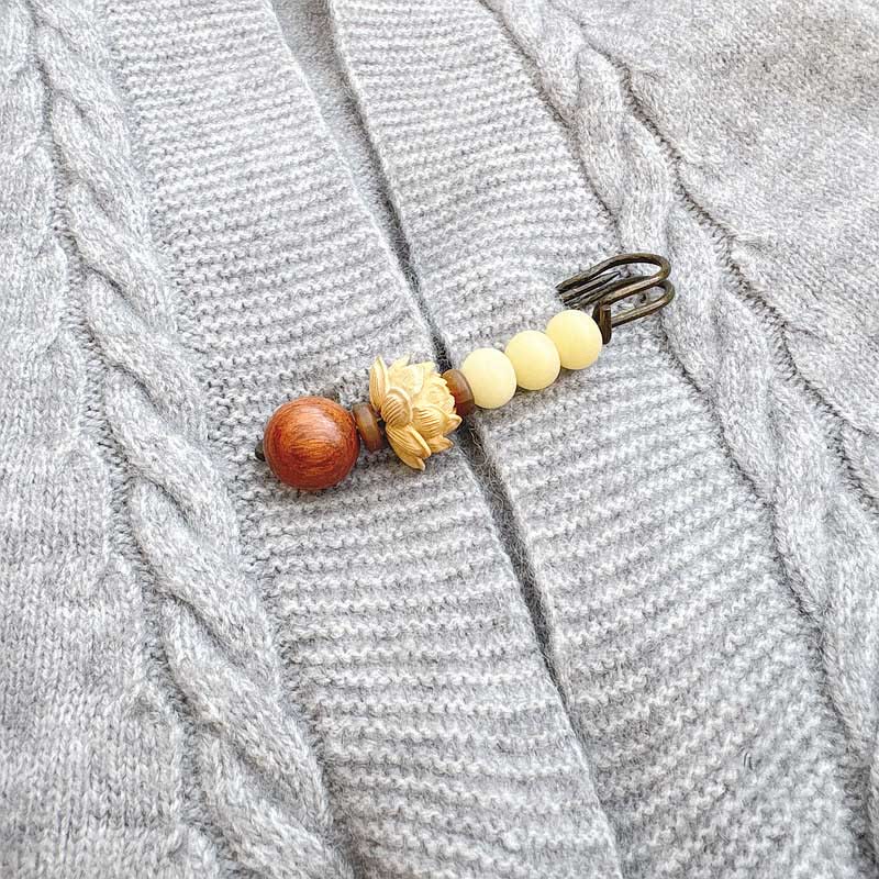 Boxwood Lotus Bodhi Seed Bead Brooch for Spiritual Peace