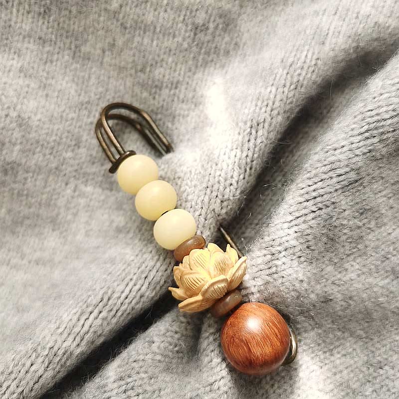 Boxwood Lotus Bodhi Seed Bead Brooch for Spiritual Peace