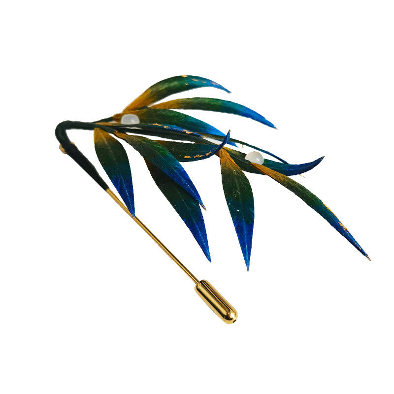 Handmade Mulberry Silk Leaf Brooch in Green Yellow Blue