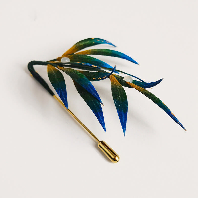 Handmade Mulberry Silk Leaf Brooch in Green Yellow Blue