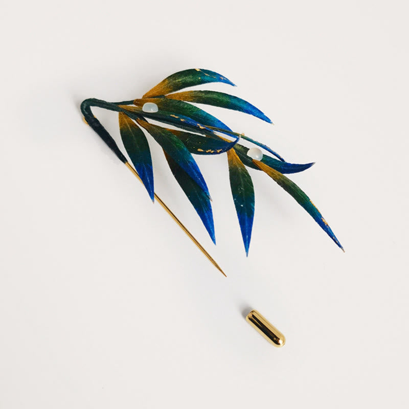Handmade Mulberry Silk Leaf Brooch in Green Yellow Blue
