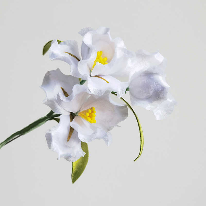 Handmade White Iris Flower Brooch in Mulberry Silk