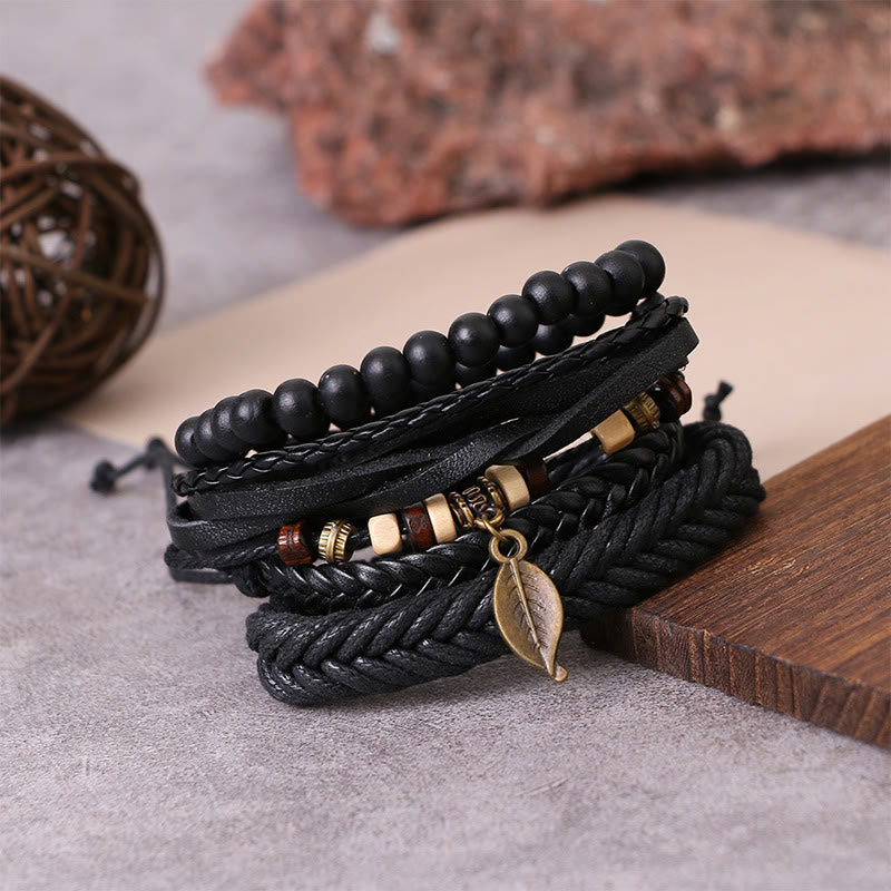 Leather Resin Beads Courage Bracelet Set | Spiritual Protection