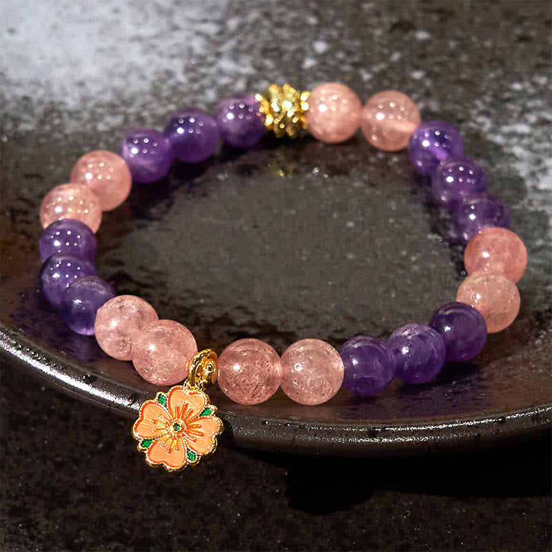 8mm Amethyst Strawberry Quartz Flower Charm Healing Bracelet