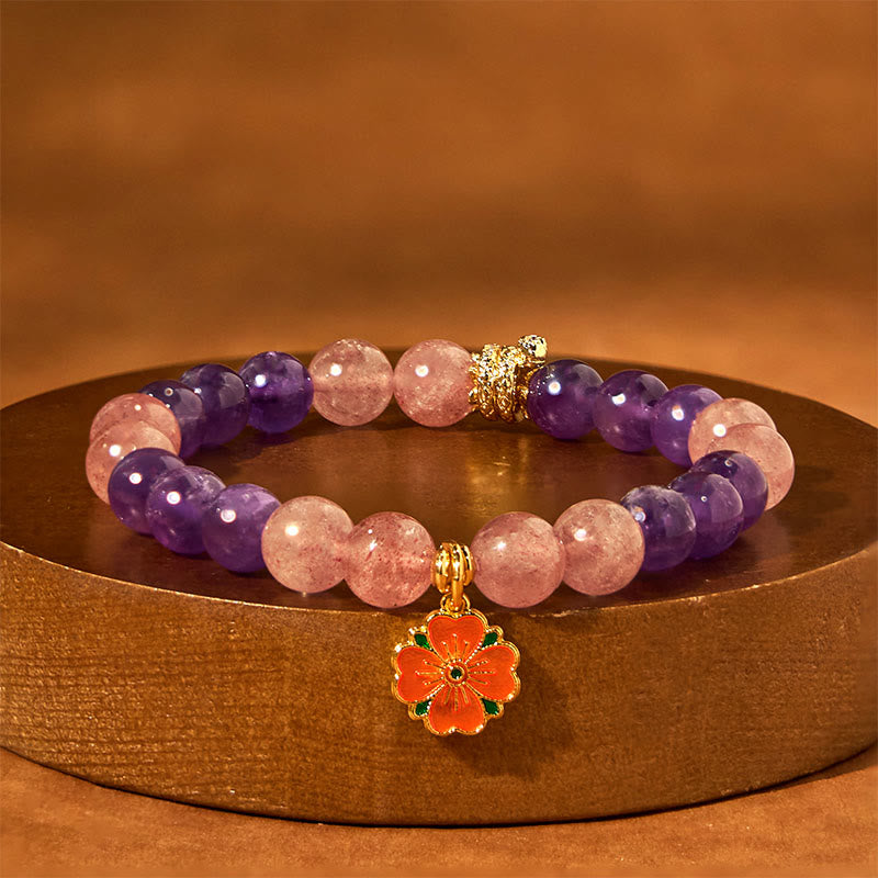 8mm Amethyst Strawberry Quartz Flower Charm Healing Bracelet