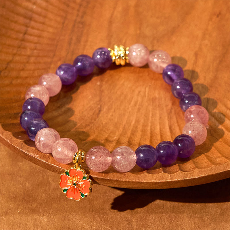 8mm Amethyst Strawberry Quartz Flower Charm Healing Bracelet