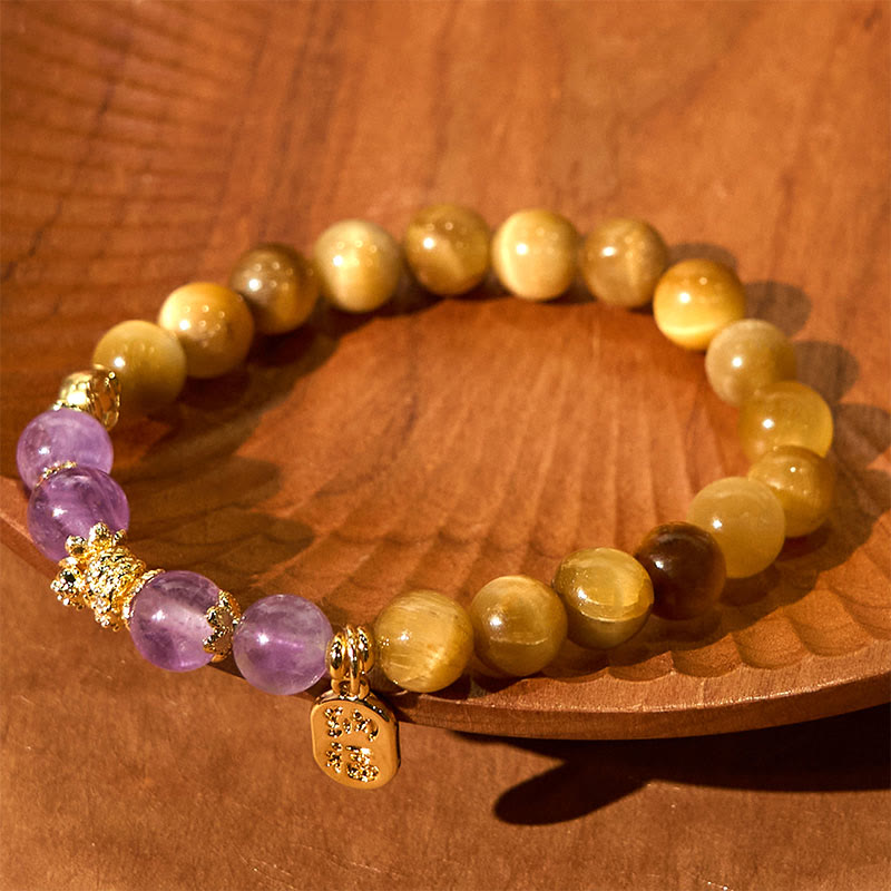 8mm Tiger Eye Amethyst Fu Character Strength Bracelet