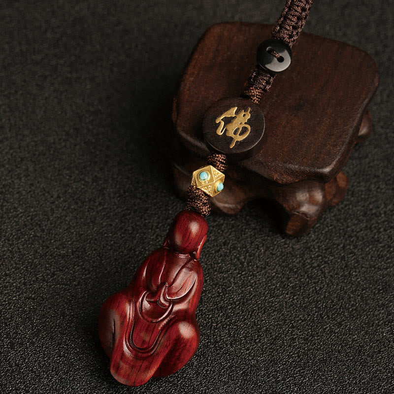 Porte-clés de protection Bouddha en bois de santal rouge à petites feuilles