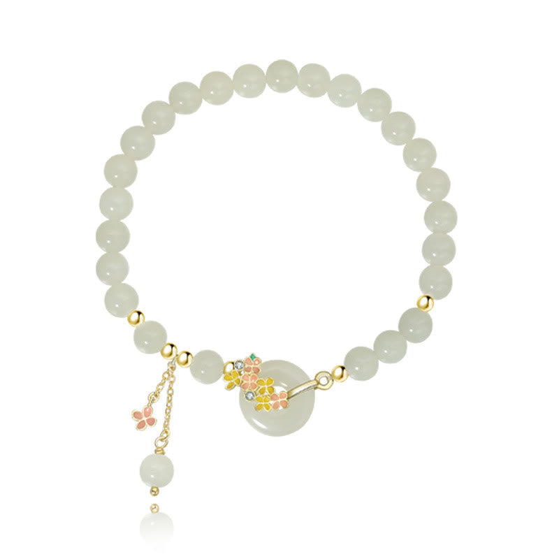 Hetian Jade Peace Buckle Bracelet & Necklace with Osmanthus Flowers