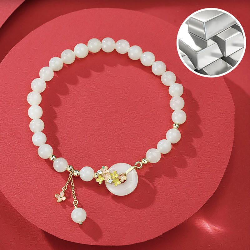 Hetian Jade Peace Buckle Bracelet & Necklace with Osmanthus Flowers