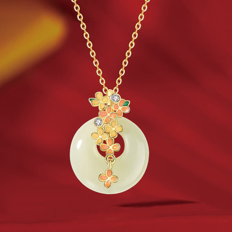 Hetian Jade Peace Buckle Bracelet & Necklace with Osmanthus Flowers