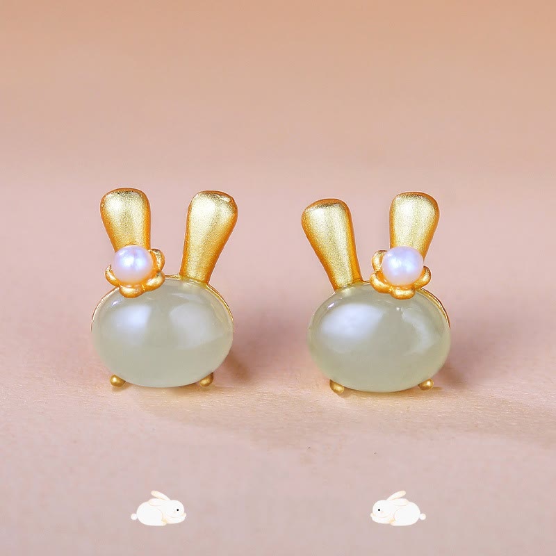 Natural Hetian Jade Rabbit Pearl Earrings
