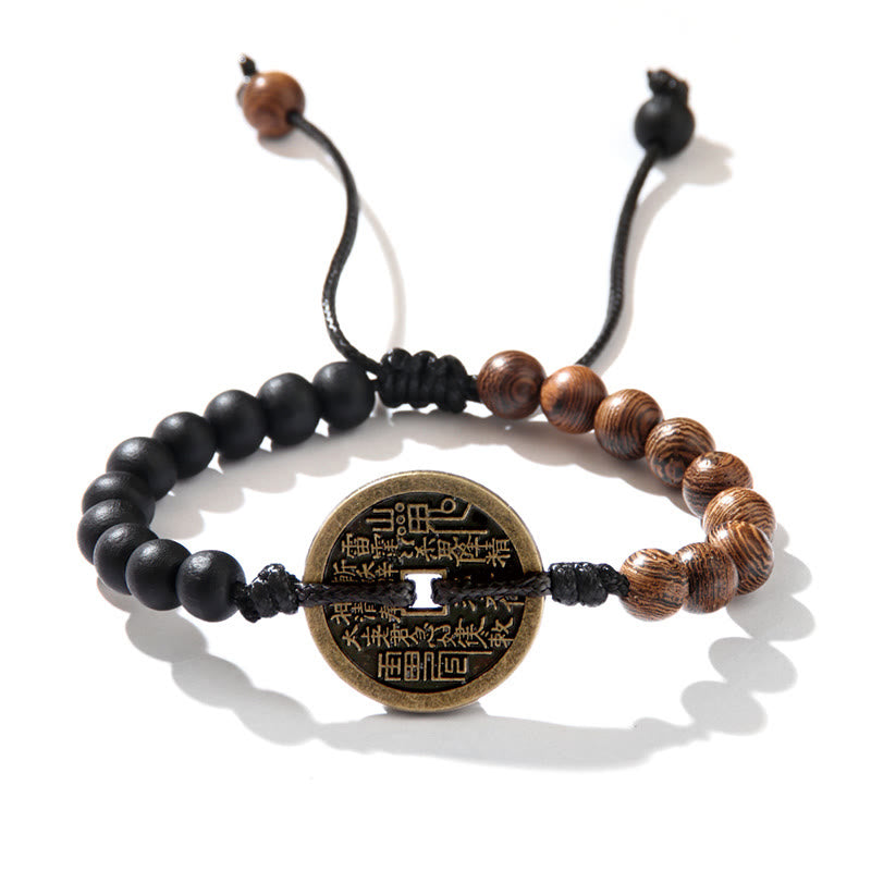 Bracelet de protection en bois d'ébène et pièces de cuivre Bagua