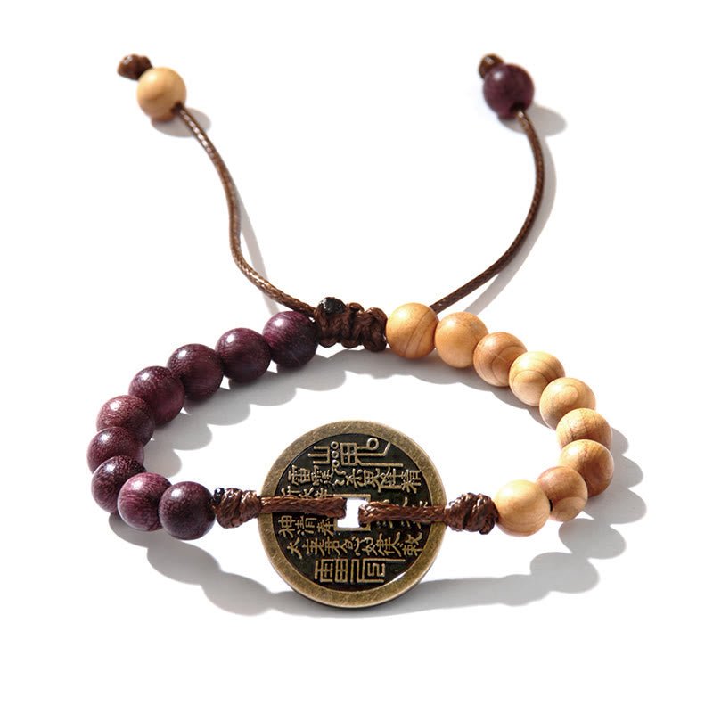 Bracelet de protection en bois d'ébène et pièces de cuivre Bagua