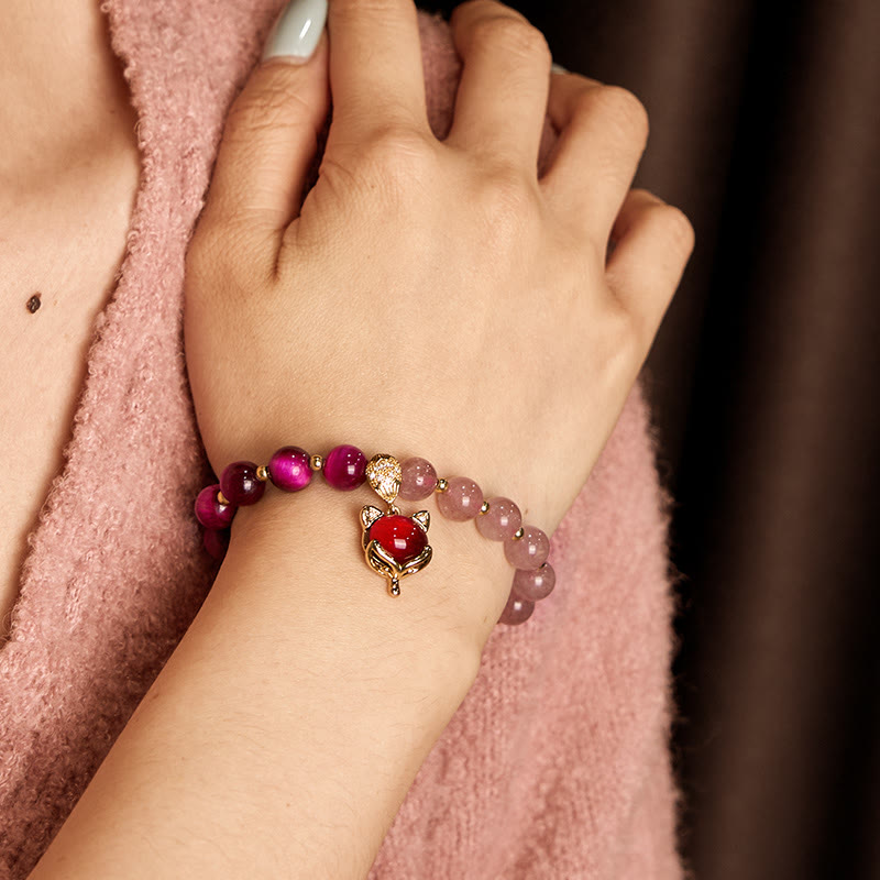 8mm Strawberry Quartz Pixiu Bracelet - Love, Wealth & Protection