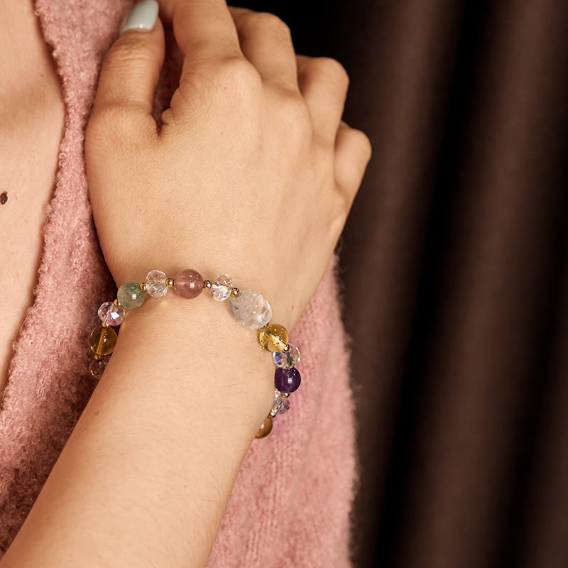 Unisex Pixiu Bracelet with White Crystal Citrine & Amethyst Gems