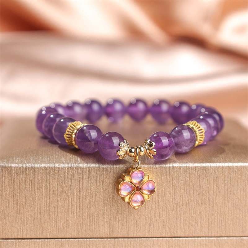 10mm Amethyst Communication Four Leaf Clover Bracelet