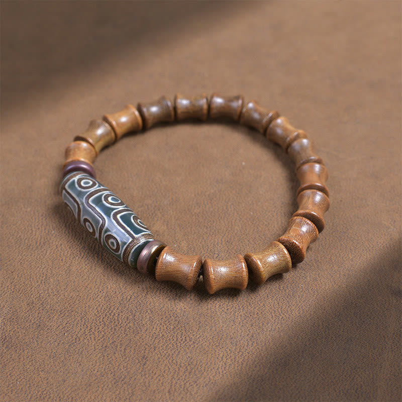 Nine-Eye Dzi Bead Green Sandalwood Spiritual Bracelet 14-16cm