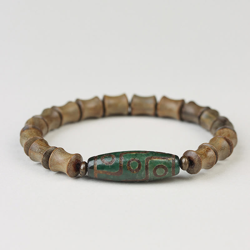 Nine-Eye Dzi Bead Green Sandalwood Spiritual Bracelet 14-16cm