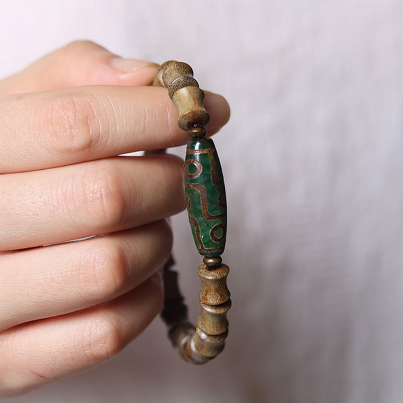 Nine-Eye Dzi Bead Green Sandalwood Spiritual Bracelet 14-16cm
